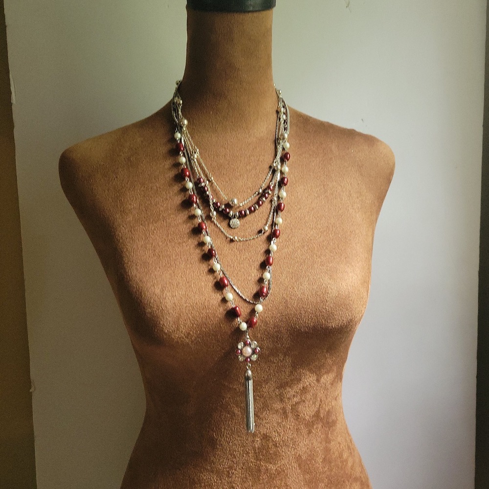Pearl Burgundy Silver Tone Layered Necklace Lot‎ 20-28" Chaps 1946 Jewelry Co